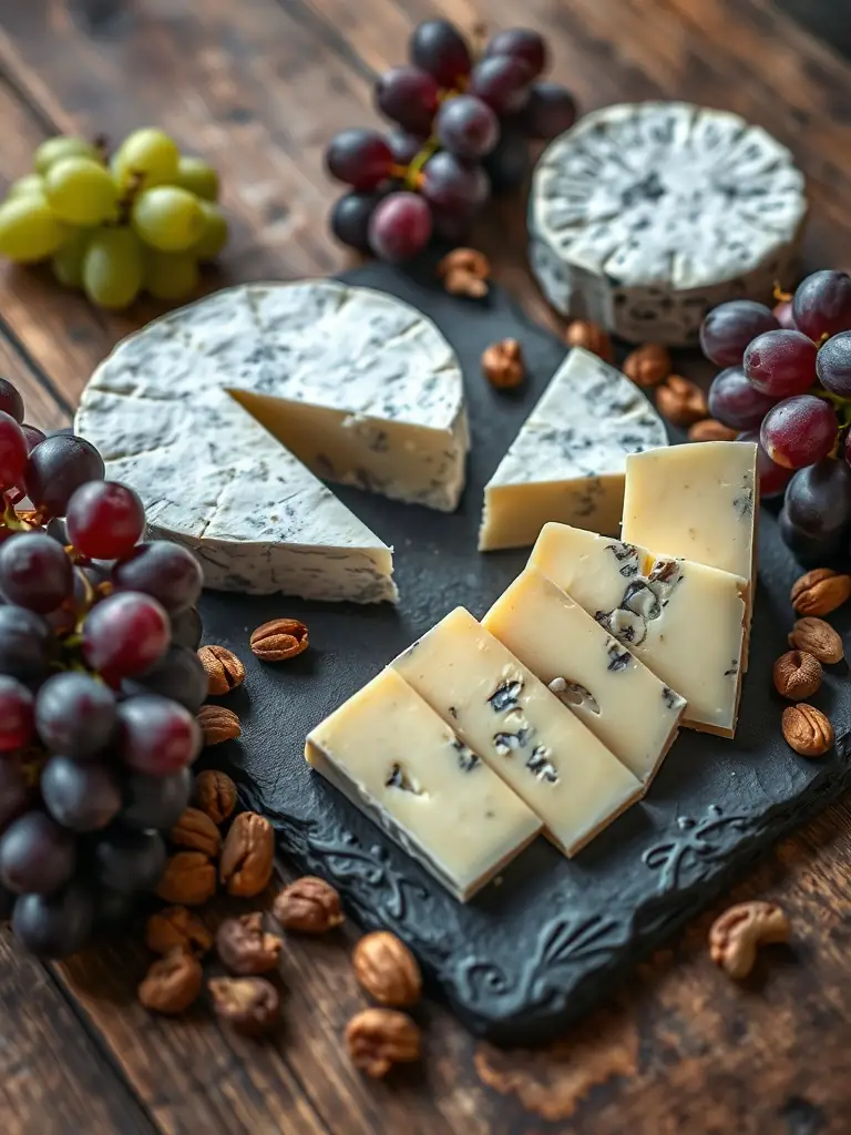 A selection of artisanal cheeses, including Manchego and Idiazabal, displayed on a slate board with grapes and nuts, highlighting the variety available at ConCabezaTavern.