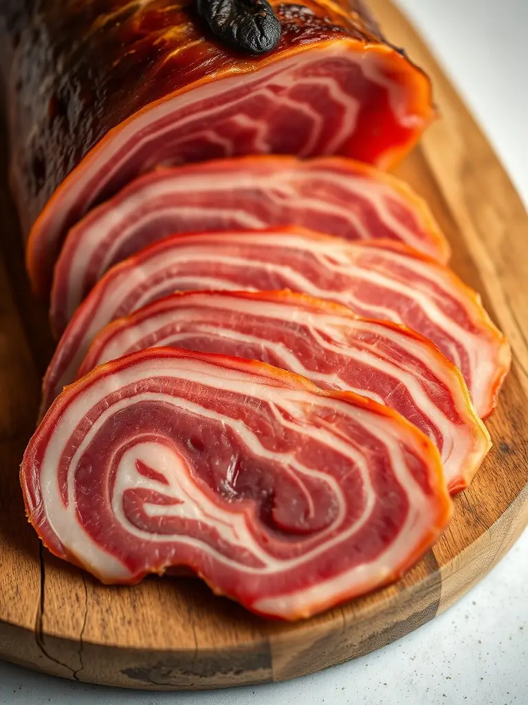 A close-up shot of a perfectly sliced plate of Iberian ham, showcasing its marbling and rich color, presented on a rustic wooden board in ConCabezaTavern.