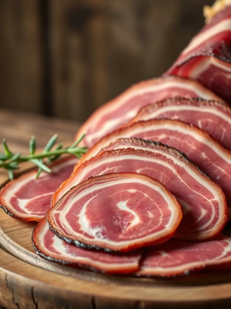 A close-up shot of thinly sliced Iberian ham, arranged artfully on a wooden board, showcasing its marbling and rich color, in the context of ConCabezaTavern's deli selection.