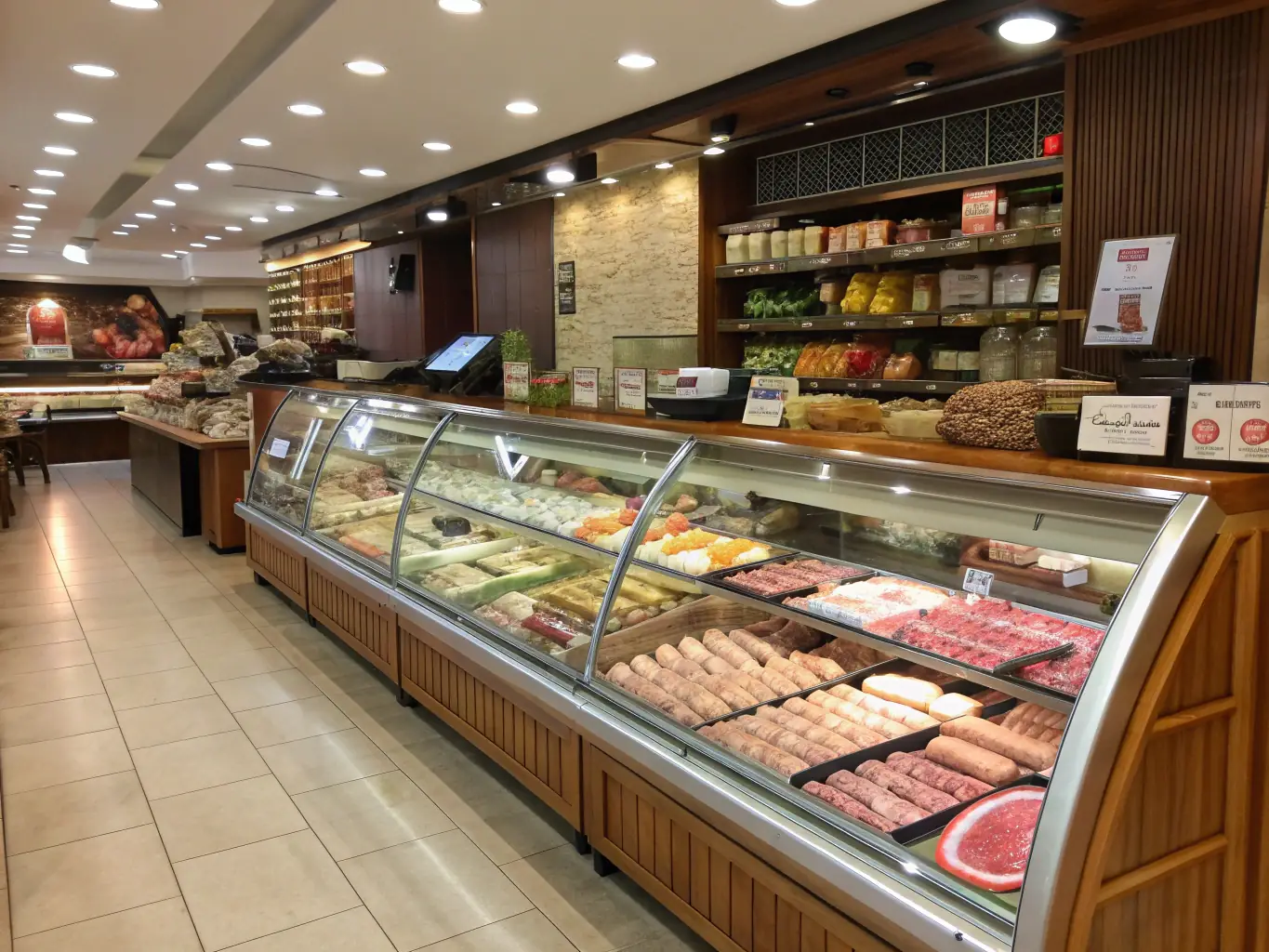 A variety of cured sausages, such as chorizo, salchichón, and fuet, hanging in a traditional Spanish deli setting.