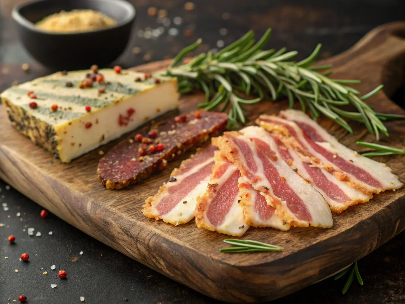 A close-up shot of thinly sliced Iberian ham, showcasing its marbling and rich color, arranged artfully on a wooden board.