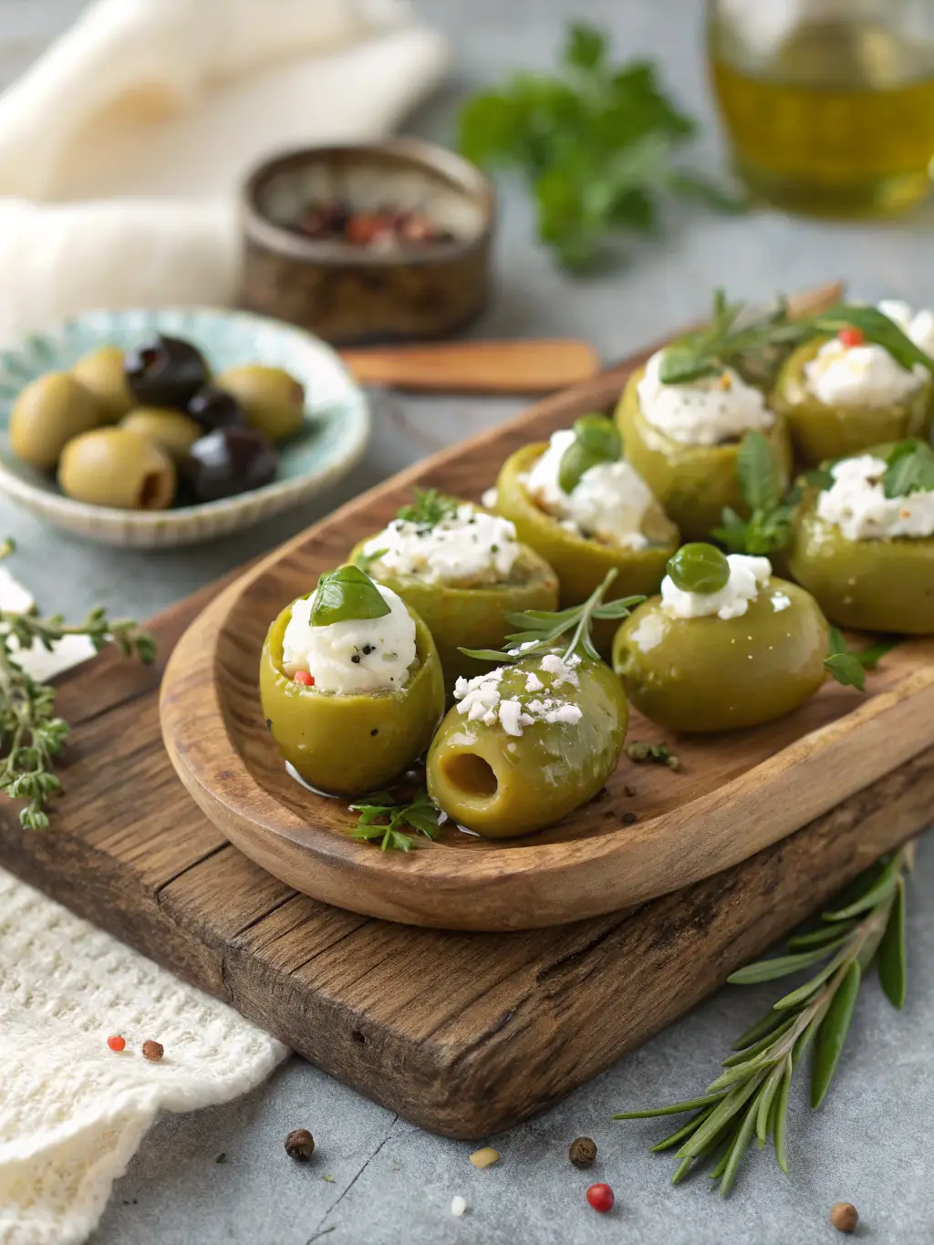 A display of different types of olives, marinated in various herbs and spices, presented in small bowls, highlighting the accompaniments available at ConCabezaTavern.