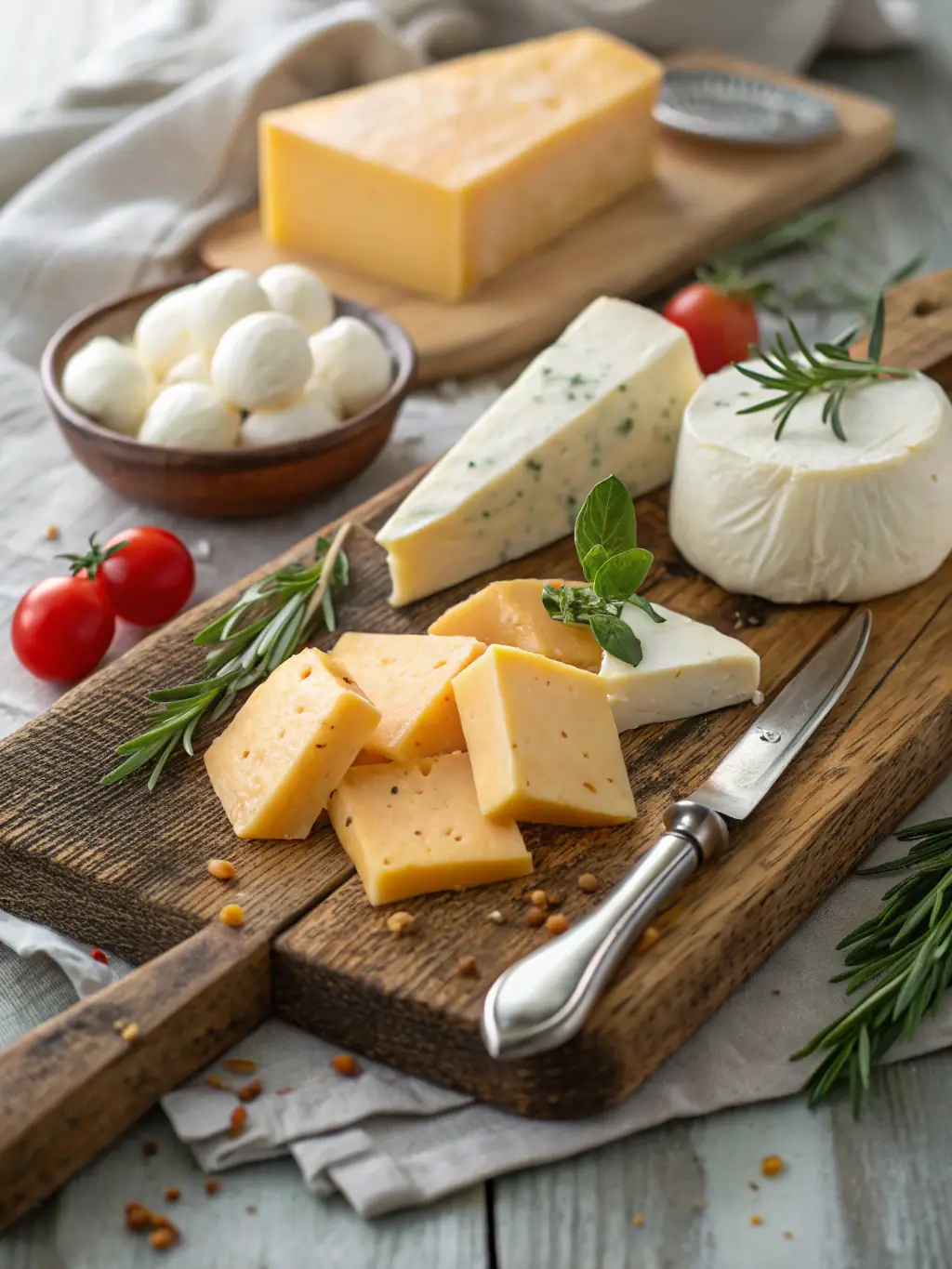 A close-up shot of a selection of artisanal Spanish cheeses on a wooden board, showcasing their textures and colors, in the context of ConCabezaTavern's deli offerings.