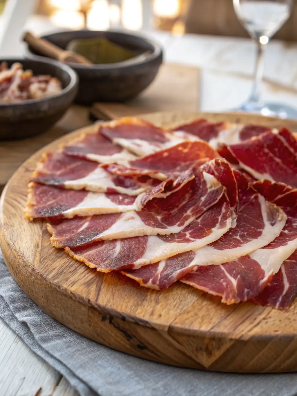 A variety of cured Iberian ham slices arranged artfully on a platter, emphasizing the marbling and deep red color, representing ConCabezaTavern's premium cold cuts.