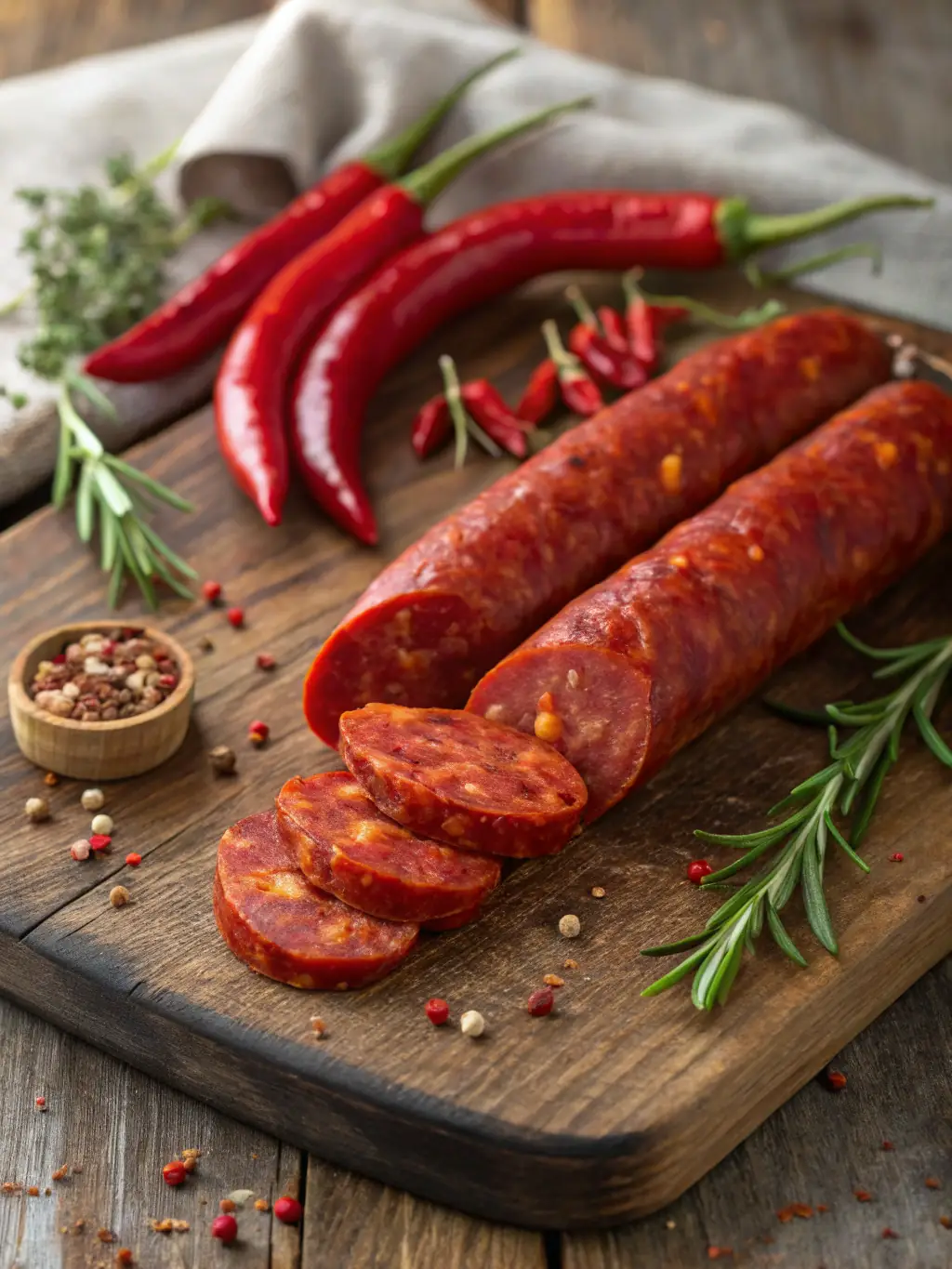 A display of various cured sausages, such as chorizo and salchichón, hanging in a traditional deli setting, emphasizing the authentic flavors offered at ConCabezaTavern.