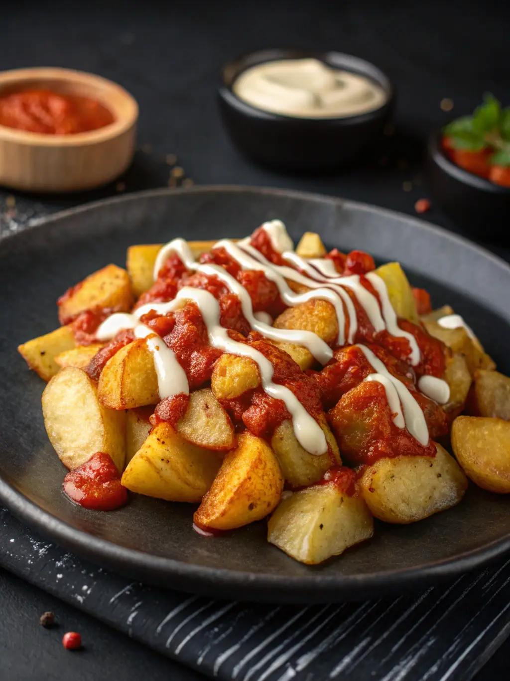 A tempting photo of assorted tapas, including patatas bravas and croquettes, arranged artfully on a plate, ready to be enjoyed at ConCabezaTavern.