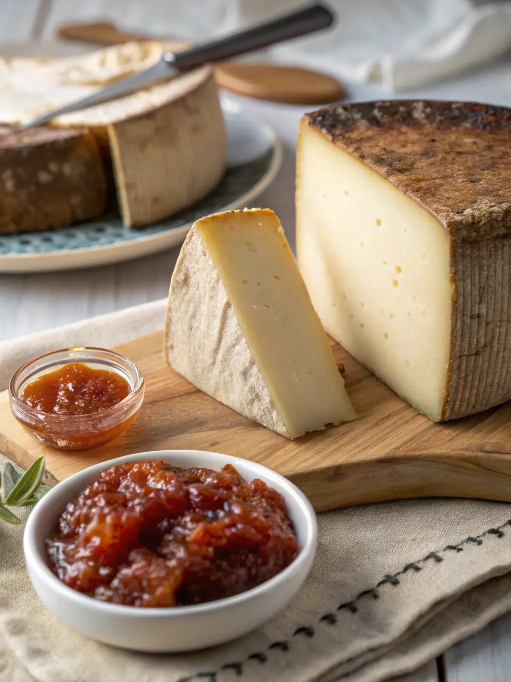 A beautifully plated dish of Manchego cheese with quince paste, highlighting the contrast in textures and flavors, served in ConCabezaTavern.
